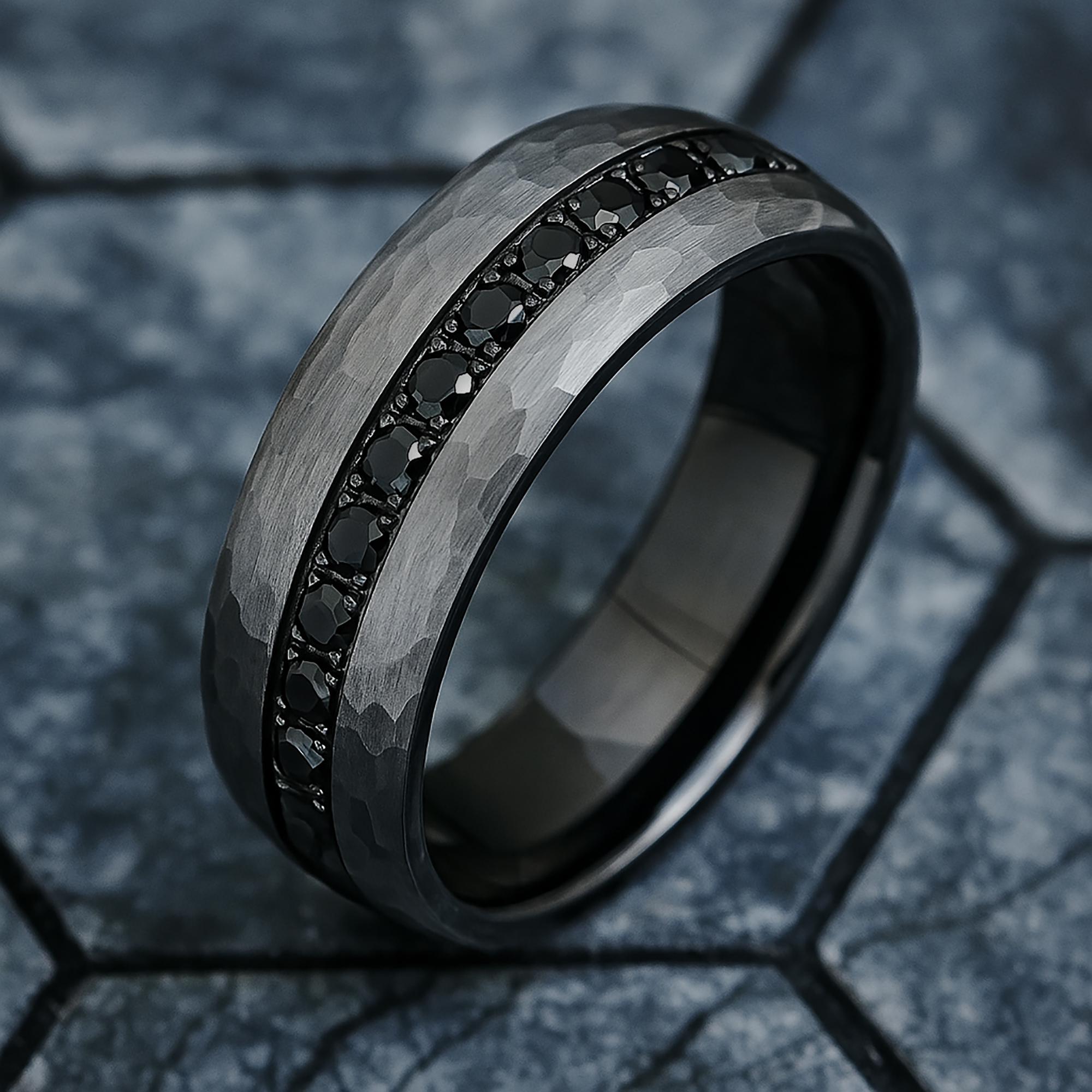 Black Tungsten Ring, Modern Hammered Finish Ring Hammered Ring, Mens Black Diamond Ring, Mens Matte Black Ring - 8mm