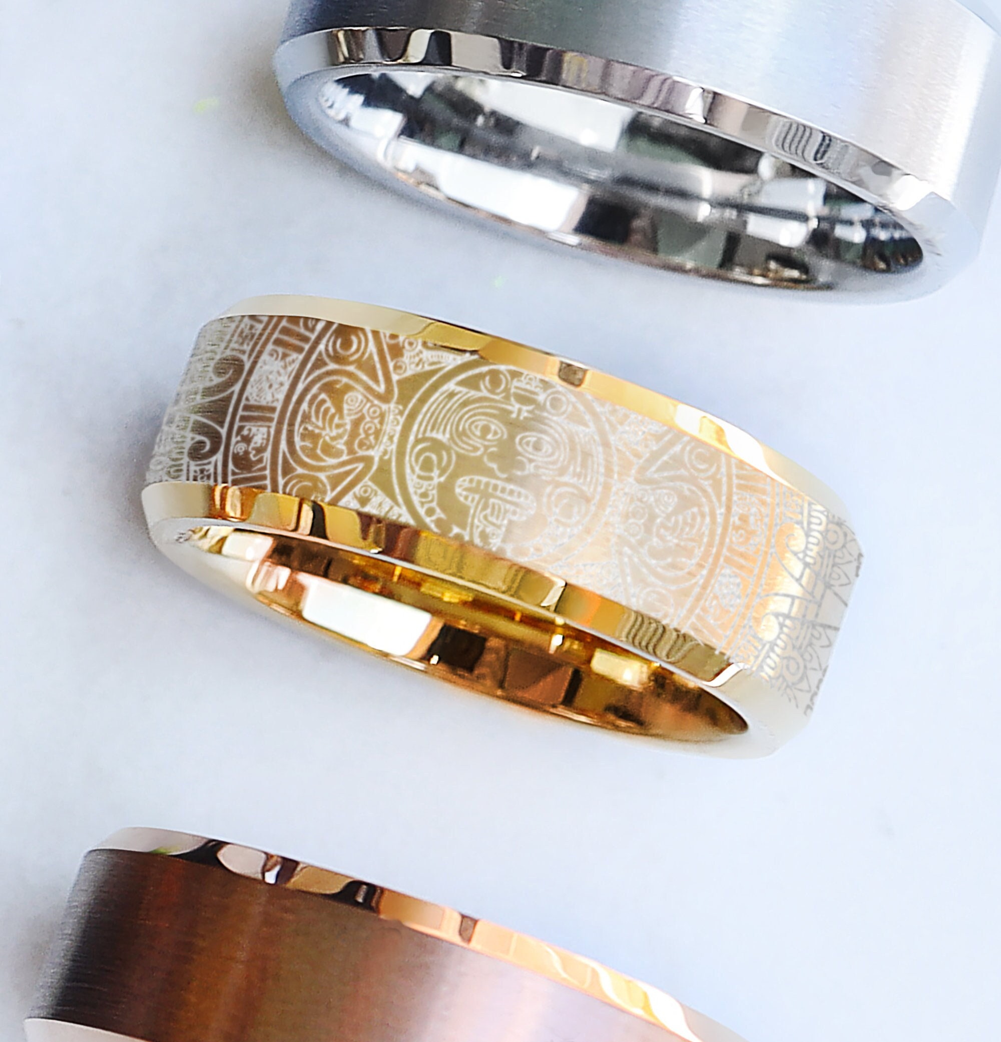 Aztec Style Rings LIGHT Engraved Aztec Calendar Pattern Ring, Aztec Promise Ring, Ancient ...