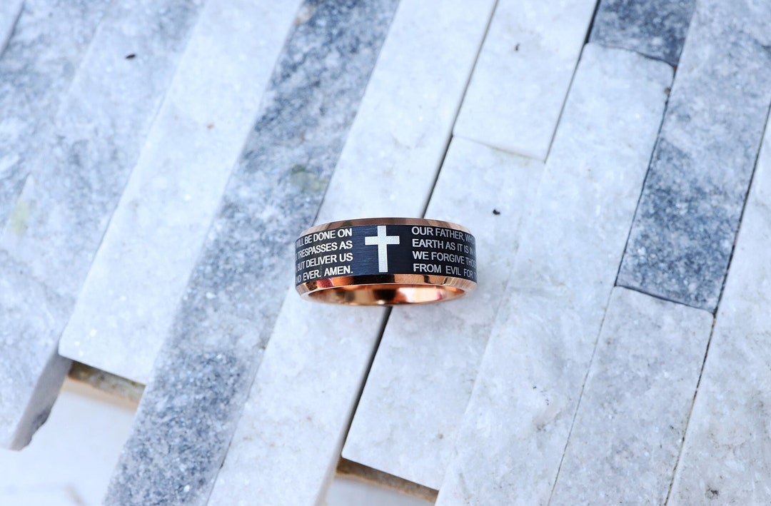 Engraved Christianity Wedding Ring, Cross Ring, Lords Prayer Ring