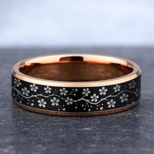 Cherry Blossom Ring, Sakura Promise Ring, Japanese Wedding Band, Tungsten Carbide, 8mm Wide Men&#39;s or Women&#39;s Wedding Ring - 8mm Wide