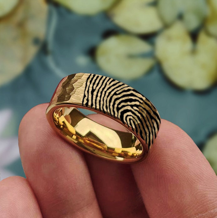 Engraved Fingerprint Hammered Gold Ring, Real Fingerprint Ring