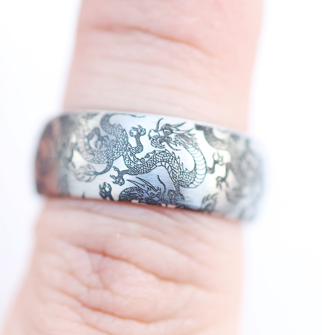 Embossed Engraved Dragon Tungsten Ring, Hyper Detailed Chinese Dragon ...