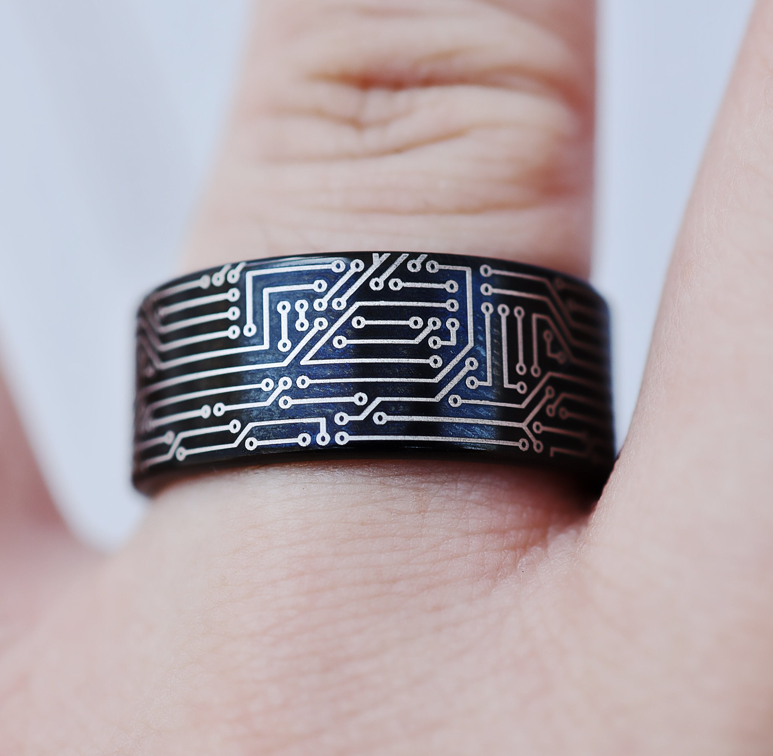 Engraved Circuit Board Ring Black Tungsten Carbide, Mens Circuit Ring, Mens Circuit Board ring, Circuit Board Band - 10mm Wide
