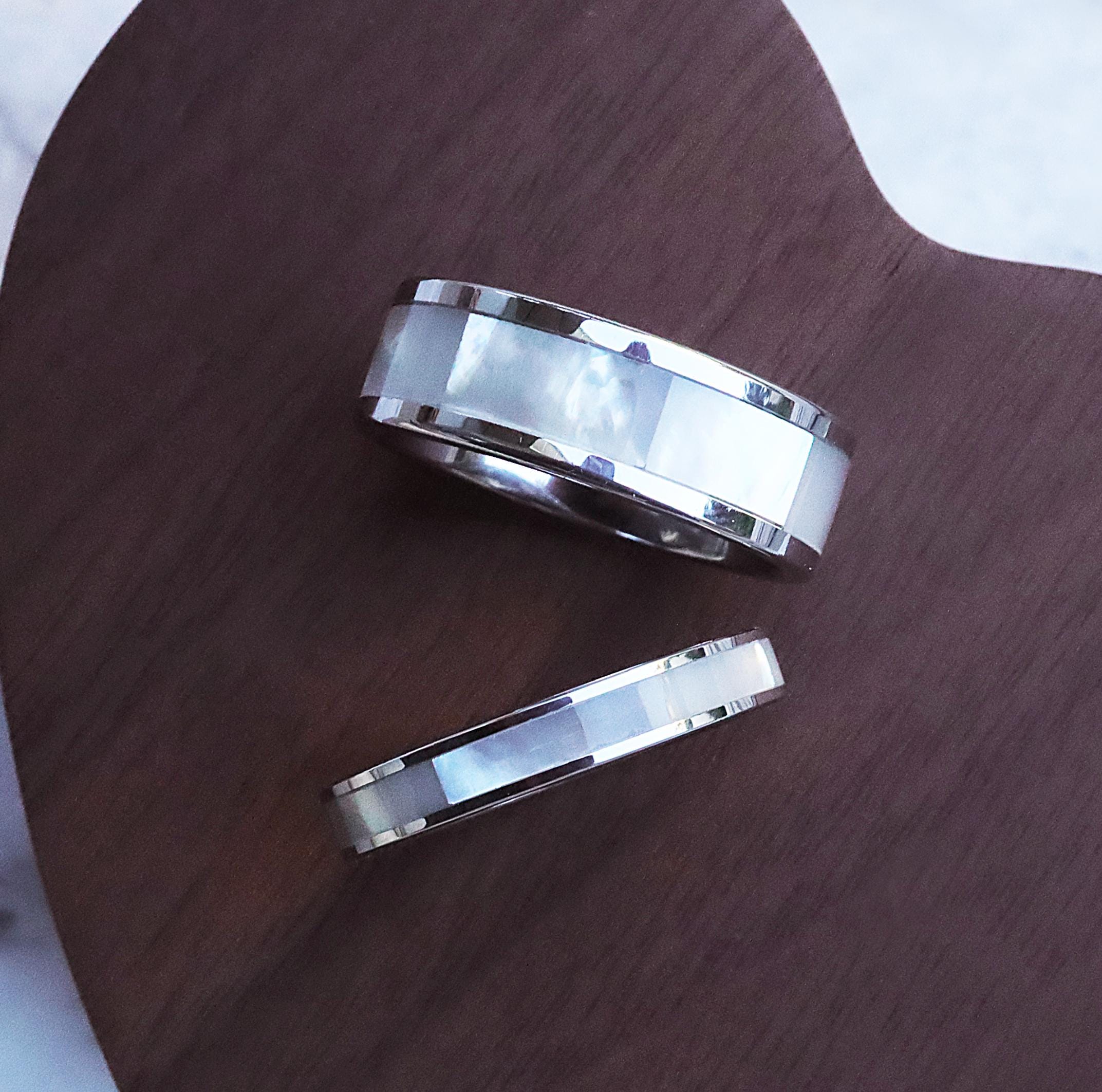 Silver Tungsten Wedding Ring With White Mother of Pearl Inlay