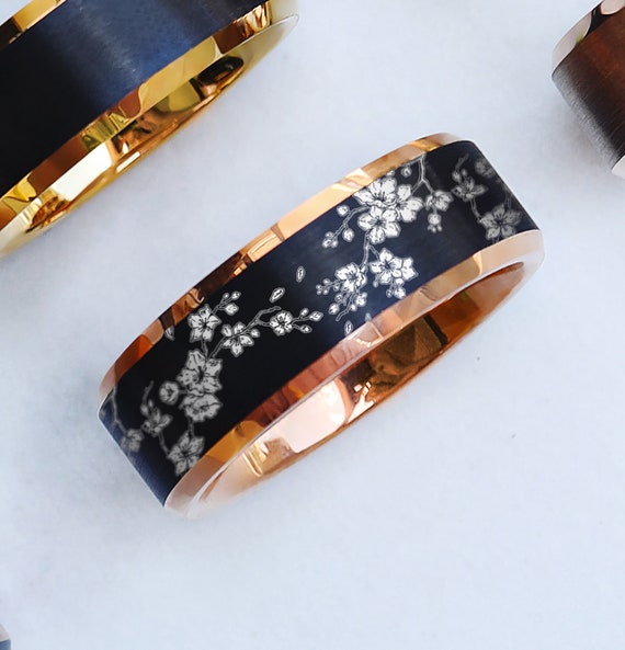 Lightly Engraved Sakura Cherry Blossom Promise Ring Cherry Blossom Wedding Ring Japanese Cherry Wedding Band Tungsten Carbide 8mm Wide