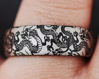 Engraved Black Dragon Promise Ring, Ancient Chinese Custom Dragon Wedding Ring, Dragon Engagement Ring, Beautiful Midnight Dragon Ring - 8mm