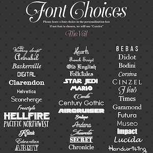 Pu&ograve; includere: Un grafico in bianco e nero con un elenco di scelte di font per un invito di nozze. Il testo recita "Font Choices" e "The Veil". Le scelte di font sono elencate in due colonne. La prima colonna include font come "Annabel", "Baskerville", "Digital", "Clarendon", "Helvetica", "Stonehenge", "Freestyle", "Hellfire", "Pacific Northwest", "Kink", "Edwardian" e "Army". La seconda colonna include font come "Hearts", "French Script", "Old English", "Folktales", "Star Jedi", "Mario", "Candle", "Century Gothic", "Aircruiser", "Boutique", "Andara", "Streamster", "Secret" e "Chronicle". La terza colonna include font come "Bebas", "Didot", "Bodini", "Corsiva", "Cinzel", "Flero", "Times", "Garamond", "Futura", "Museo", "Impact", "Lucida" e "Handwriting".