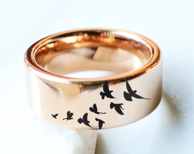 Engraved Mourning Doves Promise Ring, Flock of Doves Wedding Band, Doves Wedding Band 4mm to 10mm Silver, Black and Gold Available image 1