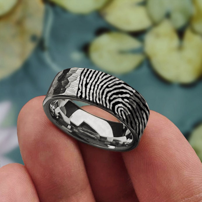 Engraved Fingerprint Hammered Gold Ring, Real Fingerprint Ring