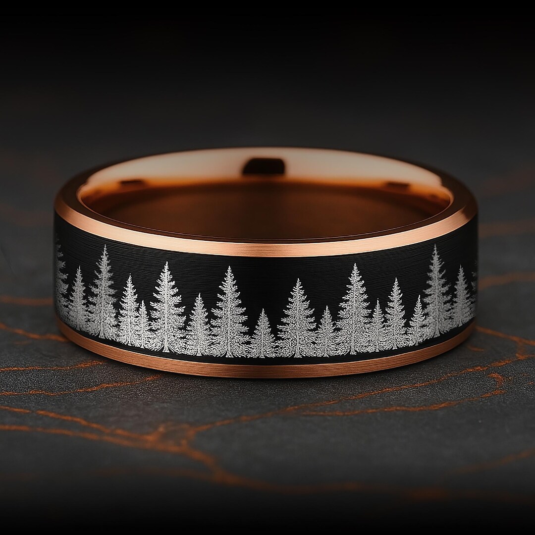 Forester Rings Instruments Engraved Nature Tungsten Ring, Fir Tree Forest Mountain Range Ring, Fir ...