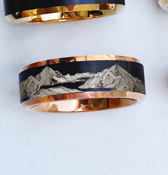Engraved Minimal Mountain Landscape Ring, 3D Mountain Lines Ring