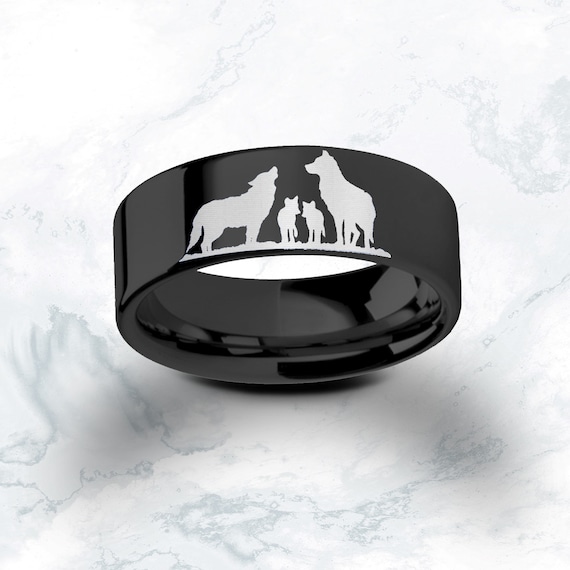 Alpha Wolf Family Engraved Promise Ring, Wolf Puppies Wedding Ring