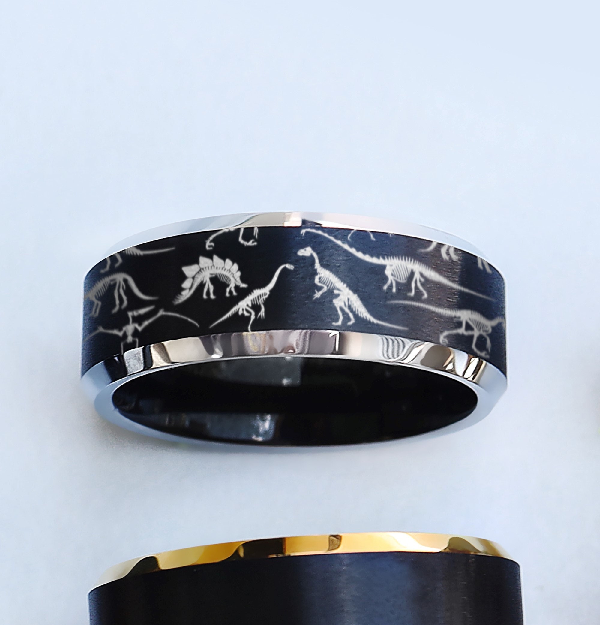 Engraved Dinosaur Tungsten Carbide Wedding Ring, Engraved Ancient Dragon Bone Pattern Ring, Dinosaur Ring, Paleontologist Promise Band - 8mm