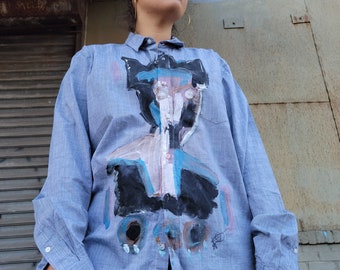 Hand Painted Button Down 100% Cotton , Upcycled Clothing, Neo Expressionist KING Art