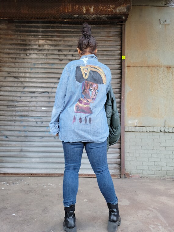 Hand Painted Denim Shirt Painted Denim Upcycled Clothing Haitian Revolution Denim Shirt Female Heroine Louverture dessalines Art Etsy