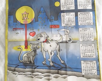 Tea towel from 1992: dog and cat in love...