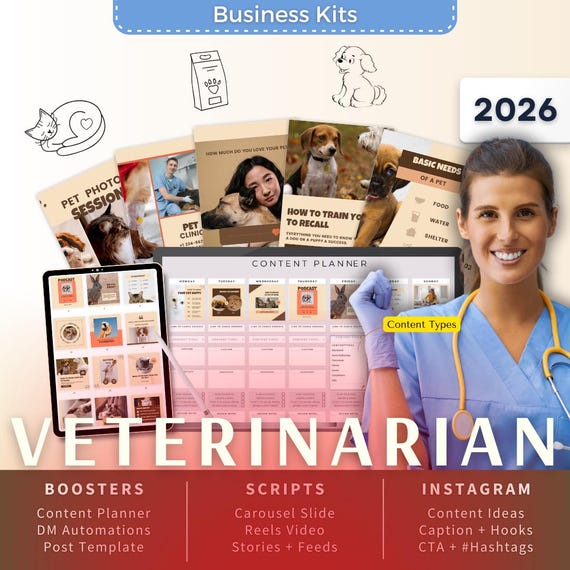 Veterinarian Biz Kit Bundle2026 - Canva Template-Instagram Post Ideas-Planner-Pet Store Content Calendar-Google Sheet