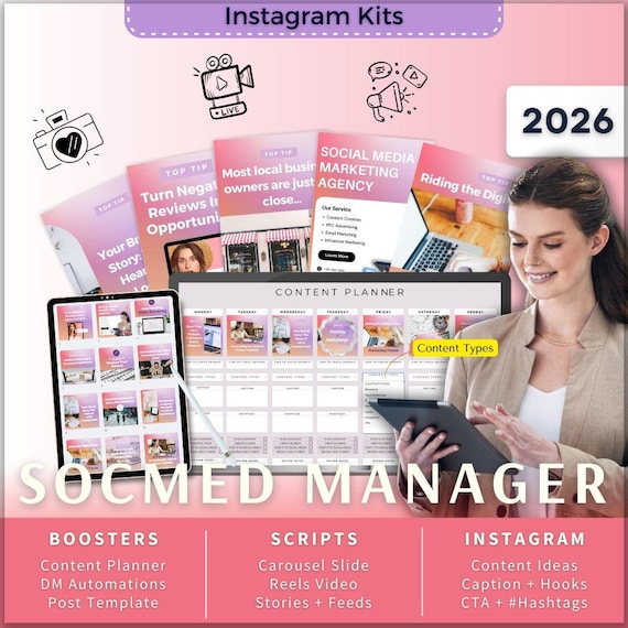 Social Media Manager-SMM Instagram Kit 7in1 Bundle Canva Template-Content Planner-Caption-Reels-Insta Story-Carousel -DM Manychat