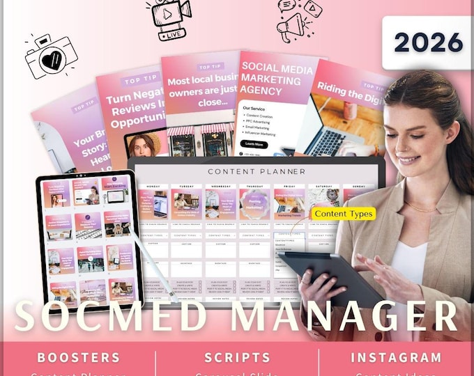 Featured listing image: Social Media Manager-SMM Instagram Kit 7in1 Bundle Canva Template-Content Planner-Caption-Reels-Insta Story-Carousel -DM Manychat