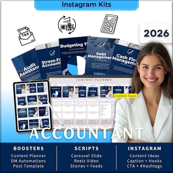 Accountant Instagram Kit 7in1 Bundle Canva Template-Content Planner-Caption-Reels-Story-Carousel -DM Manychat-Finance-Ledger book