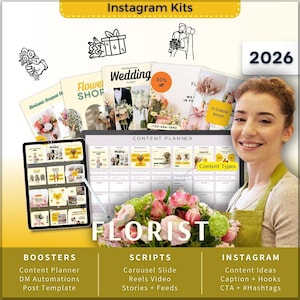 Florist Instagram Kit 7in1 Bundle Canva Template-Content Planner-Post Caption-Reels Script-Insta Story-Carousel-DM Manychat Flower