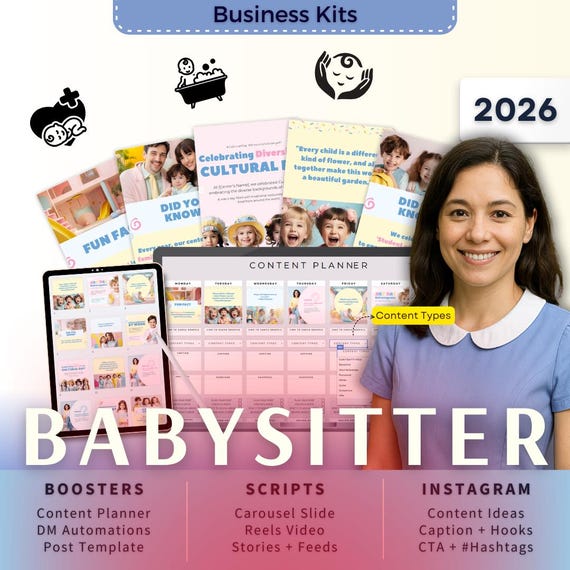 Babysitter Biz Kit Bundle2026 - Canva Template-Instagram Post Ideas-Planner-Childcare Content Calendar-Google Sheet