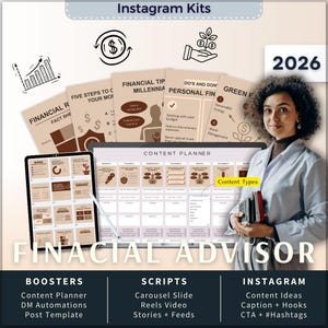 Kit de Instagram para Asesor Financiero 7 en 1: Plantilla de Canva, Planificador de Contenido, Texto para Pies de Foto, Guion para Reels, Historias de Instagram, Carrusel, Mensajes Directos y Manychat