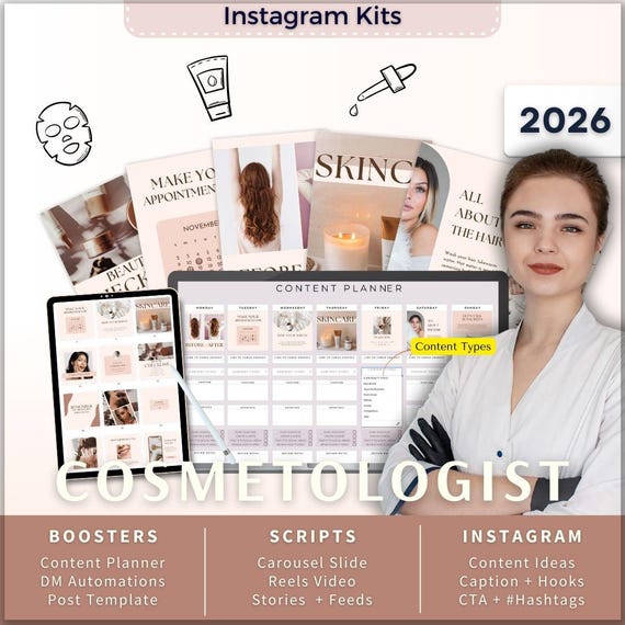 Cosmetologist Instagram Kit 7in1 Bundle Canva Template-Content Planner-Post Caption-Reels-Story-Carousel-DM Manychat-Beauty Clinic