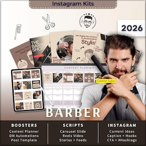 Barber Instagram Kit 7in1 Bundle Canva Template-Content Planner-Caption-Reels Script-Insta Story-Carousel -DM Manychat Barbershop