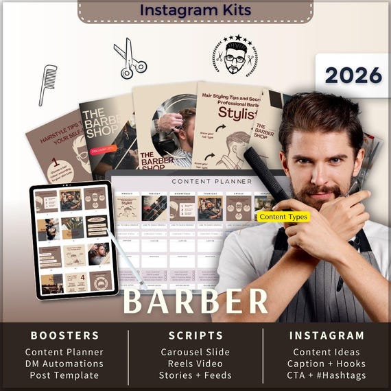 Barber Instagram Kit 7in1 Bundle Canva Template-Content Planner-Caption-Reels Script-Insta Story-Carousel -DM Manychat Barbershop