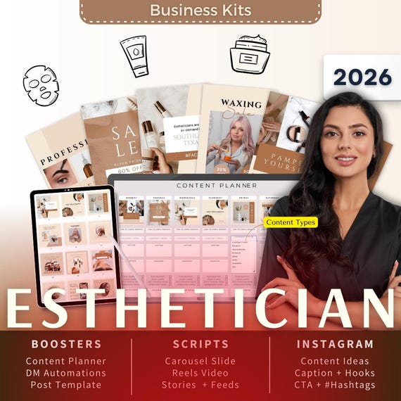 Esthetician Biz Kit Bundle2026 - Canva Template-Instagram Post Ideas-Planner-Skincare Content Calendar-Google Sheet