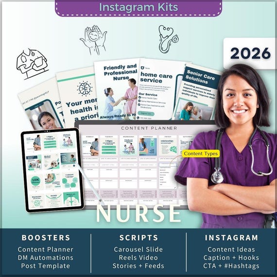 Nurse Instagram Kit 7in1 Bundle Canva Template-Content Planner-Post Caption-Reels Script-Insta Story-Carousel-Nursery-Senior Care