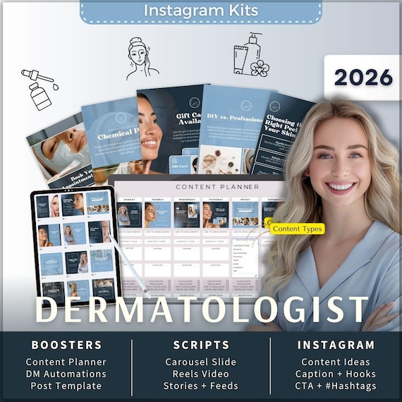 Dermatologist-Chemical Peels Instagram Kit 7in1 Bundle Canva Template-Content Planner-Caption-Reels-Story-Carousel-DM Manychat