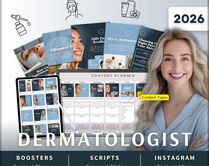 Featured listing image: Dermatologist-Chemical Peels Instagram Kit 7in1 Bundle Canva Template-Content Planner-Caption-Reels-Story-Carousel-DM Manychat