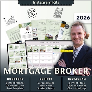 Mortgage Broker Instagram Kit 7in1 Bundle Canva Template-Content Planner-Caption-Reel Script-Insta Story-Carousel Social Branding