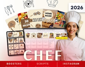 Chef Biz Kit Bundle2026 - Canva Template-Instagram Post Ideas-Planner-Cooking Class Content Calendar-Google Sheet