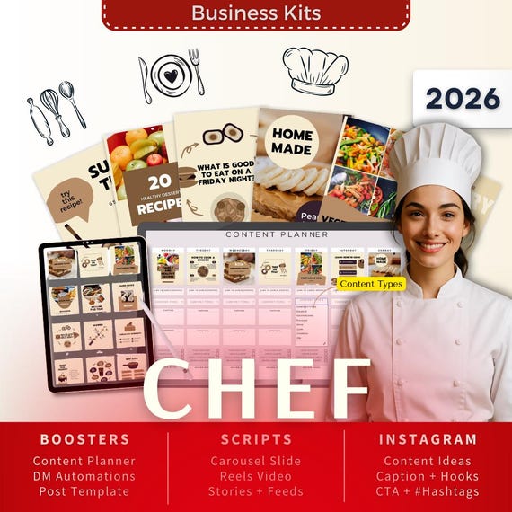 Chef Biz Kit Bundle2026 - Canva Template-Instagram Post Ideas-Planner-Cooking Class Content Calendar-Google Sheet