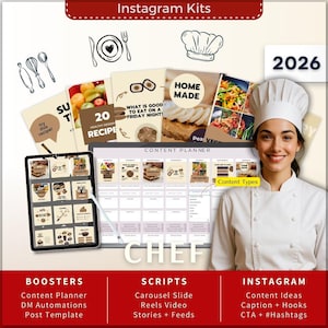 Kit de Instagram para chefs 7 en 1: Plantilla de Canva, planificador de contenido, subtítulos, guion para reels, historias de Instagram, carrusel, mensajes directos, Manychat, restaurante.