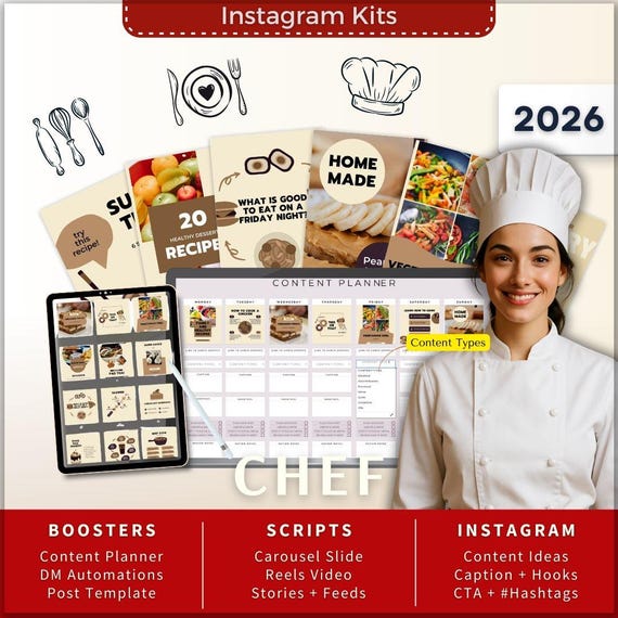 Chef Instagram Kit 7in1 Bundle Canva Template-Content Planner-Caption-Reels Script-Insta Story-Carousel-DM Manychat-Restaurant
