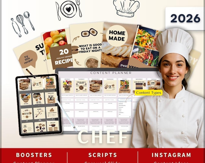 Featured listing image: Chef Instagram Kit 7in1 Bundle Canva Template-Content Planner-Caption-Reels Script-Insta Story-Carousel-DM Manychat-Restaurant