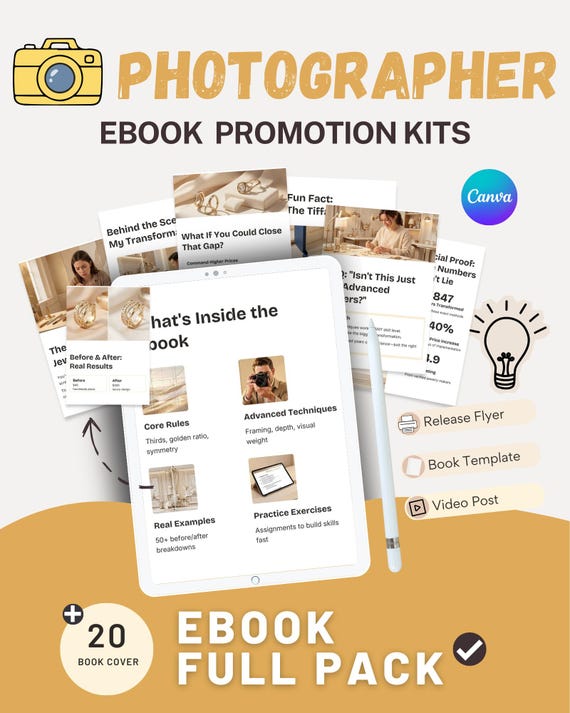 Photographer Ebook Promotion Kit Canva Template= Social Media-Instagram-Linkedin-Pinterest - Whatsapp - Threads - Youtube Carousel - Tiktok