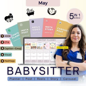 Pacote 5 em 1 para babá e cuidadora de crianças, planejador de conteúdo, ideias para postagens, Instagram Reels, feed de histórias e personalizado, maio de 2025
