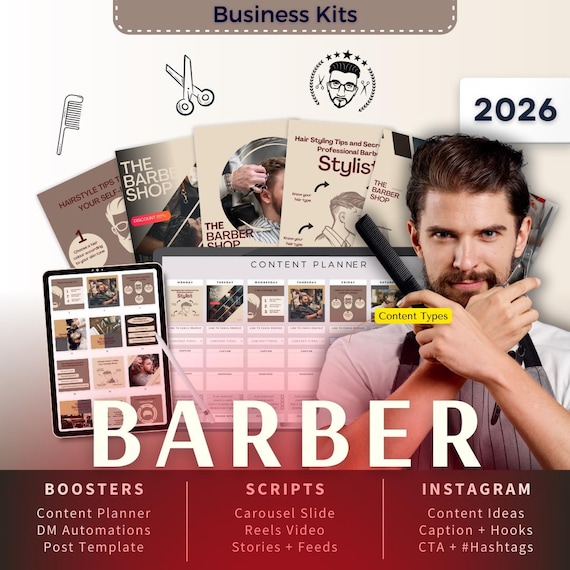 Barber Biz Kit Bundle2026 - Canva Template-Instagram Post Ideas-Planner-Barbershop-Hair Salon Content Calendar-Google Sheet