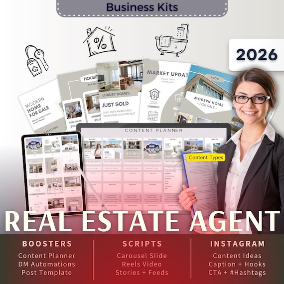 Real Estate Agent Biz Kit Bundle2026 - Canva Template-Instagram Post Ideas-Planner-Real Estate Agent Content Calendar-Google Sheet