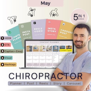 Ensemble 5 en 1 pour chiropracteur, planificateur de contenu, idée de publication, bobines Instagram, histoire, carrousel, chiropratique personnalisée, mai