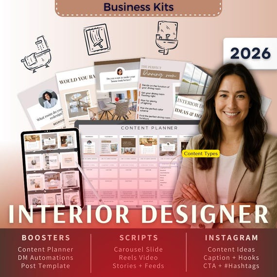 Interior Designer Biz Kit Bundle2026 - Canva Template-Instagram Post Ideas-Planner-Decorator Content Calendar-Google Sheet
