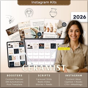 Kit de Instagram para ceramistas y alfareros (7 en 1): Plantilla de Canva, planificador de contenido, subtítulos, reels, historias de Instagram, carrusel, mensajes directos en Manychat.