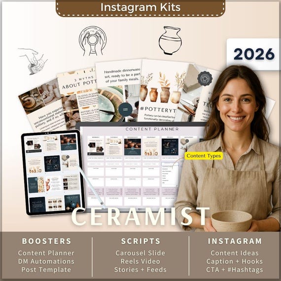 Ceramist-Potters Instagram Kit 7in1 Bundle Canva Template-Content Planner-Caption-Reels-Insta Story-Carousel -DM Manychat-Pottery