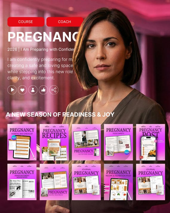 All in One Access = Pregnancy Mega Bundle Canva Template-Planner-Workbook-Journal-Recipe-Instagram Post-Milestone-Checklist-Morning Sickness
