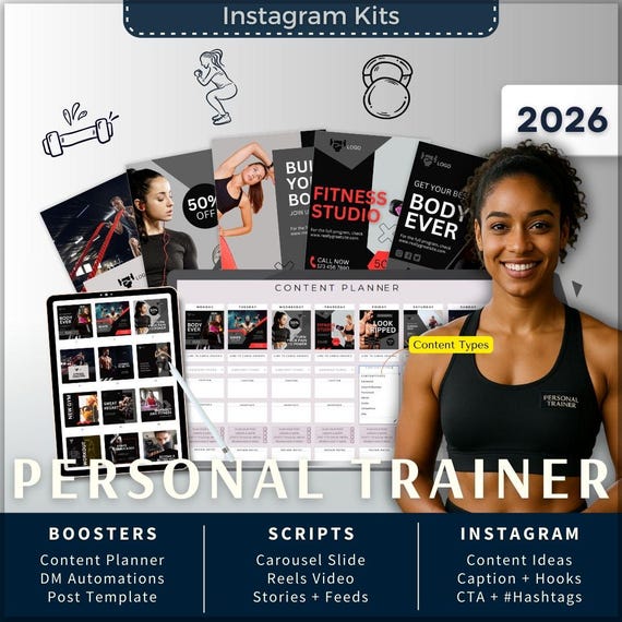 Personal Trainer Instagram Kit 7in1 Bundle Canva Template-Content Planner-Post Caption-Reels-Insta Story-Carousel-Coach Gym Studio